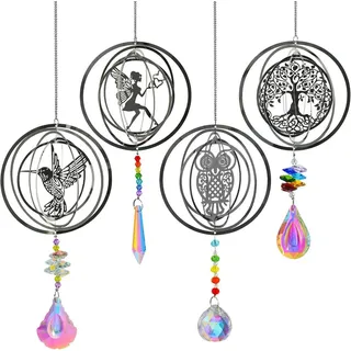 AURIVION Fensterdekoration Kristall Sonnenfänger 4 Stk., Regenbogen Anhänger für Fenster, 3D Sonnenfänger Eule & Lebensbaum für Garten und Balkon Deko