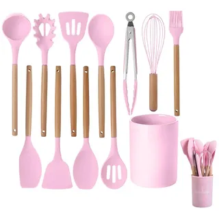 Silicone Kitchen Cooking Utensils Set,12 Stück Silikon Küchenhelfer Set,Kochutensilien Kochbesteck,Kochgeschirr mit Utensilienhalter,Pfannenwender,Löffel,Zange,Schneebesen,Backpinsel-Rosa