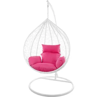 KIDEO Komplettset: großer Hängesessel mit Gestell & Kissen, Korbsessel, Poly-Rattan (Korb & Gestell: weiß, Kissen: pink Nest (3333 hot pink))