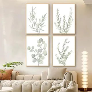 Ueiwffzo 4er Poster Set, Grün Pflanzen Poster Set, Moderne Blätter Wandbilder, Bilder Wohnzimmer Deko Schlafzimmer, Leinwandbilder Wandposter OHNE Rahmen (40x50cm)