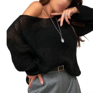 Damen Strickpullover Vintage Oversized Lochmuster Dünn(Black S) | Vintage Design, luftiges Lochmuster, oversized Passform, dünn und leicht, ideal für Layering