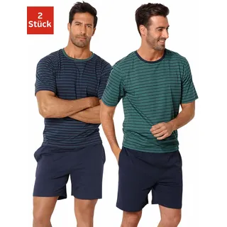 Pyjama LE JOGGER, Herren, Gr. 52/54, bunt (petrol, marine), Jersey, Obermaterial: 100% Baumwolle, gestreift, Basic, bequem kurz, Rundhals, abgesteppte Kante, Homewear-Sets Pyjama, Schlafanzug im Streifendesign, Topseller