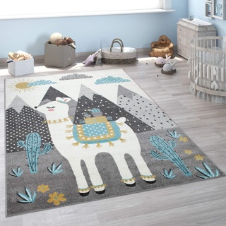 Paco Home Kinderteppich, Teppich Kinderzimmer Lama Berge Kinder-Motiv, Grau Türkis Gelb, Grösse:160x220 cm