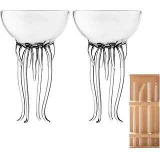 MIJIE 2023 neue Quallen-Tasse, Quallen-Martini-Glas, Oktopus-Weinglas, Whiskey-Saft, Weinglas für Küche, Bar, Party, Hochzeit, Dekoration mit Bor-Glas-Strohhalm. (2 transparente mit Strohhalm)