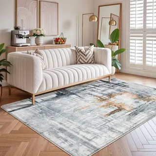 Tinyboy-hbq Teppiche Modern Designer für Wohnzimmer Kurzflor Teppich für Wohnzimmer Schlafzimmer Grau (Grau/Gold, 120 x 160 cm)