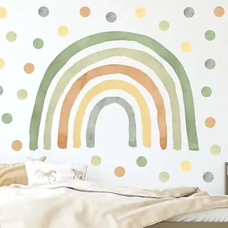 Wally Fox - Wandtattoo Kinderzimmer - Kinderzimmer Deko - Wandtattoo Kinderzimmer Mädchen - Wanddeko, Wandsticker Punkte, Kreise - Grüner Regenbogen XL + 50 Stück Punkte/Tupfen