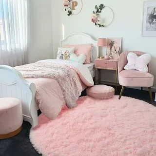 Runder Teppich (140 Cm Durchmesser) Für Schlafzimmer Und Wohnzimmer, Rutschfest, Weich, Flauschig, Zottelig, Große Fußmatte Für Flur, Rosa