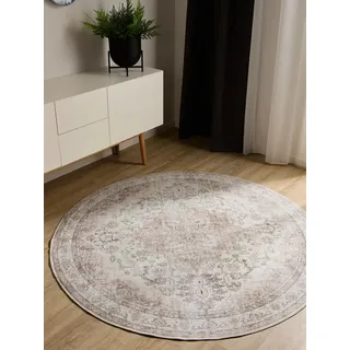 benuta Teppich George, rund, Höhe: 5 mm, Vintage-Look, Kurzflor, Teppich Wohnzimmer, Schlafzimmer, Waschbar beige|rosa rund | Ø 120 cm x 5 mm