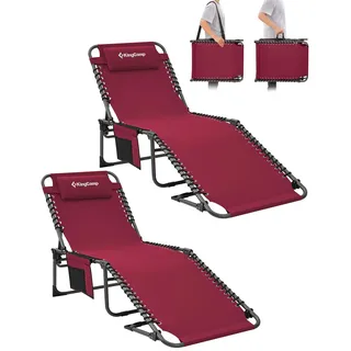 KingCamp Sonnenliege Klappbar 5-Verstellbare, bis 180 kg, 2er Set, Weinrot | Gartenliege Klappbar, mit Kopfstütze & Seitentasche, Sonnenliege Wetterfest, Strandliege für Garten Terrasse Pool Camping