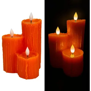 Online-Fuchs LED-Kerze 3 verschmolzene LED-Kerzen mit 6-Stunden Timer & Wachstropfen (Schwarz, Lila & Orange, Kaminkerzen), realistische Kerzenflamme mit Wachsspiegel orange