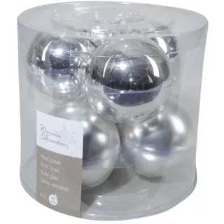 6 Weihnachtskugeln / Christbaumkugeln, aus Glas, 80 mm, glanz/matt, silber