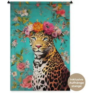 MuchoWow Wandteppich Leopard - Blumen - Krone, Rechteckig, Höhe: 3 mm, Wandtuch Wohnzimmer, Schlafzimmer, 90x135 cm Rechteckig | 90 cm x 135 cm x 3 mm