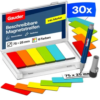 GAUDER Magnetstreifen beschreibbar, Magnetschilder Kanban (30 Stk, 75x25mm) | Magnetschilder zum Beschriften, beschreibbare Magnete zum Beschriften, Magnetetiketten für Kanban Board, mit Marker