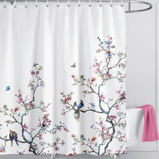 LIVETTY Original 180×180cm Weißer Duschvorhang Floraler Vogel Schmetterling Stoff Badvorhang Für Frauen & Männer Waschbar Schnell Trocknend Vorhänge für Bad Küche