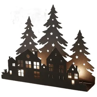 Home-trends24.de Teelichthalter Häuser Bäume Winter Weihnachten Beleuchtung Deko Kerzen schwarz