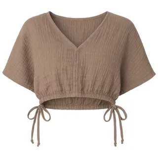 WENOR Crop-Top Musselin Bluse Cropped-Oberteil mit Tunnelzug und V-Ausschnitt Elastischer Bund mit Kordelzug, Überschnittene Schultern braun