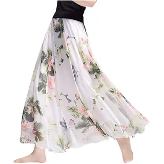 Camilife Damen-Strandrock aus Chiffon mit Blumenmuster, Maxirock, langer Rock, bedruckter Chiffonrock, weich, glatt, dünn, cool für den Sommer, Rocklänge 80 cm / 90 cm, mehrfarbig, groß - 34-40