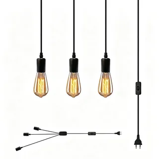 JZCDR Schwarz Hängelampe mit Stecker Pendelleuchte 3-Flammig E27 Fassung | Lampenfassung mit 3m Kabel DIY Hängeleuchte Vintage 3 Köpfe Pendellampe Kit für Schlafzimmer Wohnzimmer Küche