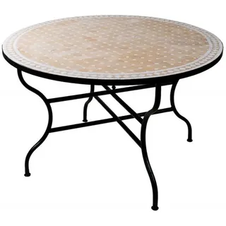ORIGINAL Marokkanischer Mosaiktisch Gartentisch ø 120cm Groß rund klappbar | Runder klappbarer Mosaik Esstisch Mediterran | als Klapptisch für B... - Beige