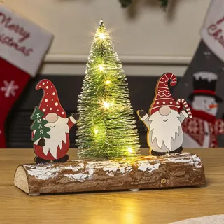 Gravidus Deko Weihnachtswichtel mit LED Tannenbaum auf Holzstamm – Beleuchtete Winter Tischdeko mit warmweißem Licht 20x15 cm