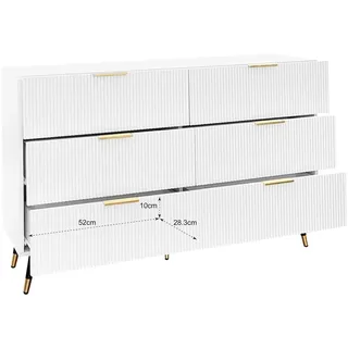 Sideboard 120x40x77 Weiß Gold mit 6 Schubladen Wellenstruktur Goldgriffe Beine Stauraum Aufbewahrung Esszimmer Wohnzimmer Modern