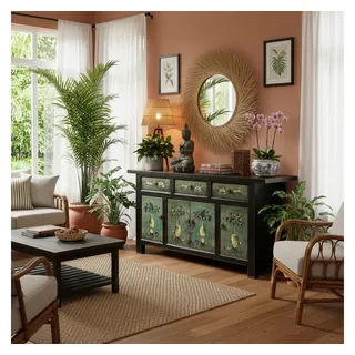 OPIUM OUTLET Sideboard Schrank Kommode Asia Vintage Möbel chinesisch orientalisch asiatisch (authentische Motive, Hochzeitsschrank Anrichte Buffet), B x T x H: 175 cm x 45 cm x 85 cm / komplett montiert grün