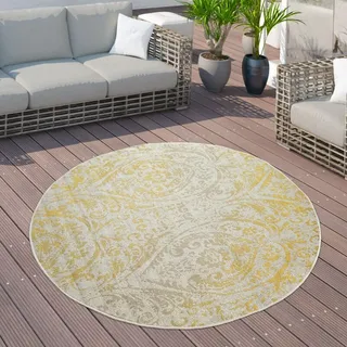 Paco Home - Outdoor Teppich Balkon Terrasse Vintage Küchenteppich Orient Muster Rauten Ethno Gelb, 160 cm Rund