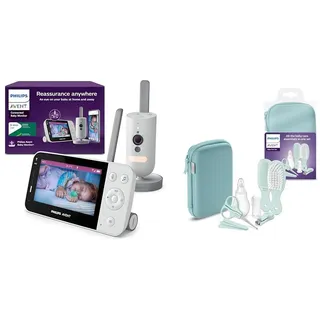 AVENT Set aus Philips Connected Videophone mit WLAN, Infrarot-Nachtsichtfunktion & Schrei-Erkennung SCD951/26 + Philips Babypflege-Set Starter-Set mit 9 Zubehörteilen (Modell SCH401/00)
