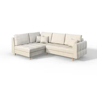 S-Style Möbel Monaco Viersitziges Ecksofa Skandinavische Moderne Ecksofa Mikrofaser Stoff 231cm x 161cm x 81cm Modern Lose Rückenlehnenkissen 8 Hellbraune Holzbeine Eckseite Links Farbe Ecru