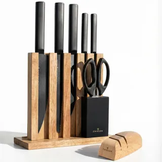ZWIEGER Messerblock mit Messer 8-teiliges Set – Messerset aus Edelstahl | inkl. Schärfer mit interner Rollentechnologie und Küchenschere – 52 HRC Küchenmesser Set mit Block im offenen Holz–Design