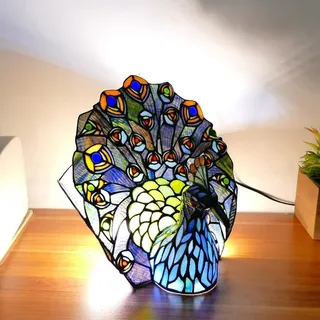 Tiffany Stil Tischlampe, Vintage Antik Schreibtischlampe mit Schalter, Handgemacht Art Dekorative Pfau Design, Retro Bibliothekslampe, Nachttischlampe aus Glas und Metall, Fassung: E14, inkl. Schalter