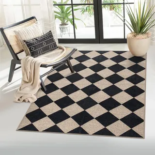Lahome Teppich für Eingangsbereich, 7,6 x 12,7 cm, für drinnen und draußen, waschbar, Landhausstil, neutral, rutschfest, fusselfrei, Türteppich für Hinterhof, kariert, 7,6 x 12,7 cm, Schwarz
