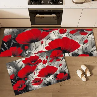 MLSOWM Küchenläufer rutschfest 2 Stück, Küchenteppich Vintage Mohnblumen Waschbar KüchenmattenMinimalistischer Stil, Teppich Läufer Flur für Küche, Terrasse & Wohnraum, 43x75cm+43x150cm Rot