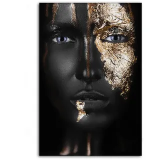 SimpleCanvas Wanddekoobjekt Golden Face I - Leinwandbild Luxuriös, Wandbild Goldenes Gesicht, Geld, Schwarz/Gold weiß 80 cm x 120 cm