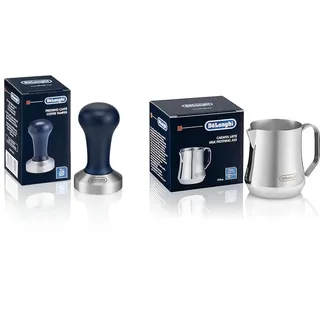 De'Longhi DLSC058 Kaffee-Tamper aus Edelstahl mit Holzgriff, blau/silber & Milchkännchen DLSC060, 350 ml, Edelstahl