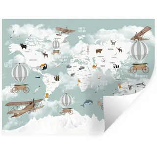MuchoWow Wandsticker Weltkarte - Kind - Flugzeug (1 St), Wanddeko, Aufkleber, Wandtattoo, 120x90 cm 120 cm x 90 cm x 0.1 cm