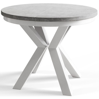 Runder Esszimmertisch LOFT, ausziehbarer Tisch Durchmesser: 100 cm/180 cm, Wohnzimmertisch Farbe: Grau, mit Metallbeinen in Farbe Weiß