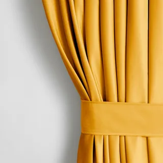 RESTILO Set Vorhang H 245 x B 140 cm mit Raffhalter 54 x 10 cm Optik Velvet | Senfgelb 1 St. Kräuselband Wellenband Samt Halbverdunkelungsvorhang Fensterdekoration Dekoschal Dekorvorhang