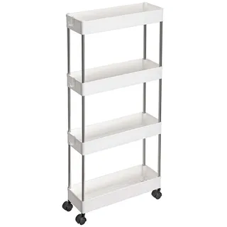 Songmics Rollwagen, mit 4 Ebenen, Küchenregal, Nischenregal, mit 6 Haken, 360° drehbare Räder, Stahlgestell, Bad, Küche, Büro, weiß