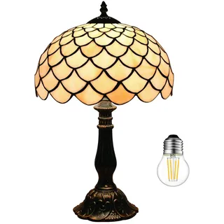 Kinbolas Tischlampe im Tiffany Stil,Vintage Nachttischlampe Schlafzimmer Deko Lampe,Jugendstil Tischleuchte,Beige buntglas lampenschirm 30cm / 12 Zoll,Harz-Basis mit Kabel und E27 LED Birne (I-4)