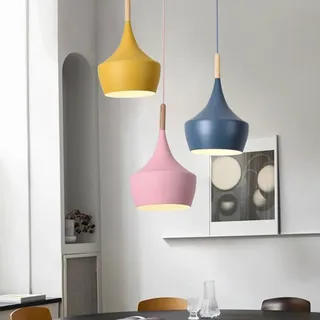 Eisen Bunt Pendelleuchte LED E27 Esszimmer Decke Lampe Blau Rosa Gelb Schirm Holz Dekorieren Hängelampe Wohnzimmer Modern Macaron Esstischlampe 3-flammig Rund Kronleuchter für Büro Küche Buchhandlung