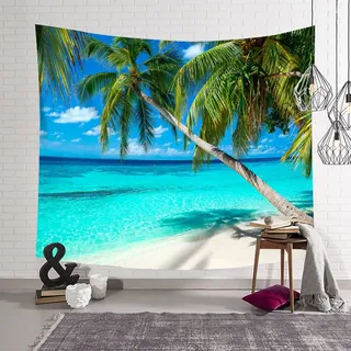 Mesnt Wandteppich Strand Palmen, 200x200cm Kokosnussbaum, Strandlandschaft Groß Wanddeko für Schlafzimmer Wohnzimmer Wohnheim | Blau Grün, Stil 1