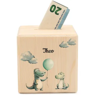 Geschenkfreude Spardose personalisiert mit Namen aus Holz - Krokodil | 10x10cm, Holzspardose mit Schloss, UV-Druck Spardosen mit Namen, Taufgeschenke Junge/Mädchen, Geschenk zur Geburt