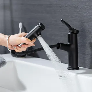 LakeBayMZC Waschtischarmatur mit Ausziehbar Brause Wasserhahn Bad,Einhebelmischer Badarmatur Waschbeckenarmatur für Aufsatzwaschbecken mit 3 Wasserstrahlarten Brause,Schwarz Matt