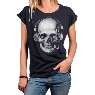 MAKAYA Print-Shirt Damen Cooles T-Shirt mit Totenkopf Design Skull Top - Aufdruck Gothic (Kurzarm, Rundhals, Schwarz, Blau, Grau) Baumwolle, große Größen blau S