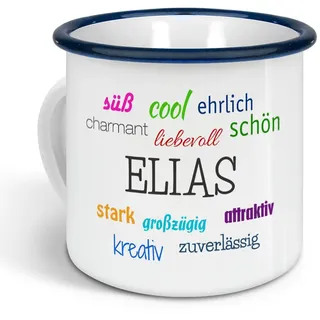 printplanet - Emaille-Tasse mit Namen Elias - Metallbecher mit Design Positive Eigenschaften - Nostalgie-Becher, Camping-Tasse, Blechtasse, Farbe Blau, 300ml