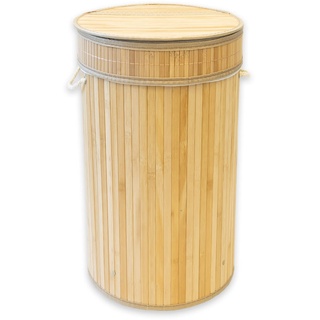 KARAT Wäschekorb Bambus Holz mit Deckel 63 L Aufbewahrungsbox faltbare Wäschetonne mit abnehmbarem Wäschesack und Griffen, Wäschesammler, Wäschebox Deko Truhe für Bad (Rund | 35 x 60 cm)