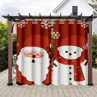 Hiseng wasserdichte Vorhänge Outdoor, Weihnachten Schneemann 3D Drucken Outdoorvorhänge 2 Stück Verdunkelungsvorhang Blickdicht mit Ösen Sichtschutz Vorhang (106x160cm,Weihnachtsmann)