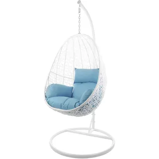 Kideo Komplettset: Hängesessel mit Gestell & Kissen, Indoor & Outdoor, Poly-Rattan, Lounge (Gestell- und Korbfarbe: weiß, Kissen: hellblau Nest (5050 Sky Blue))