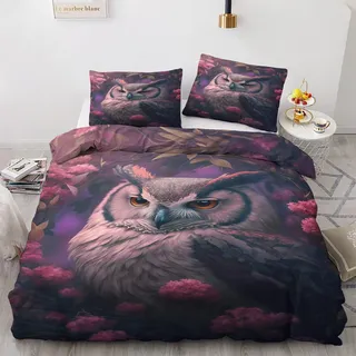 Bettwäsche 155x220cm Eule Bettbezug Set 3 Teilig Süßes Eulenmuster Einzelbett Bettbezug Weiche Microfaser Wendebettwäsche Mit Reißverschluss und 2 Kissenbezug 80x80cm